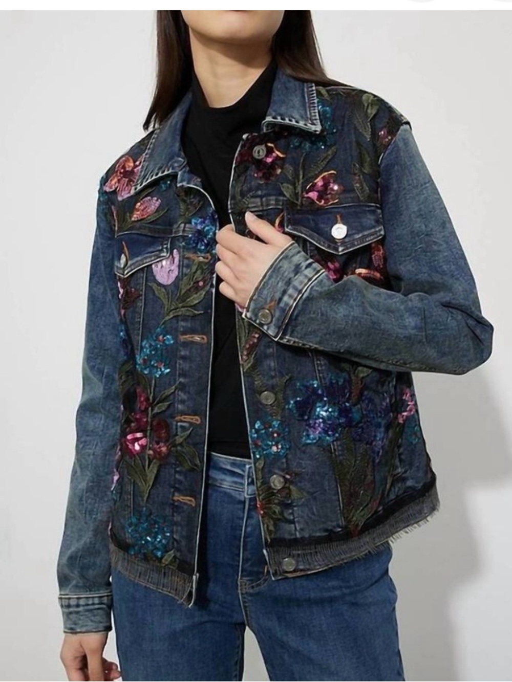 Joseph Ribkoff sequined  jean jacket in blue/multi